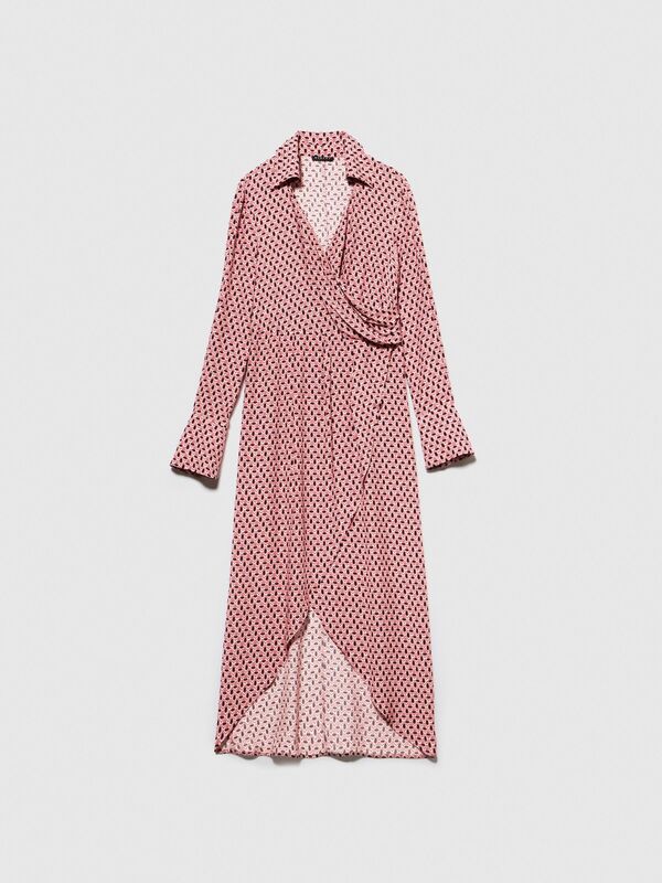 %100 Viskoz Desenli Gömlek V Yaka Anvelop Elbise Kadın Siyah Elbise - 323A4UTSLV049