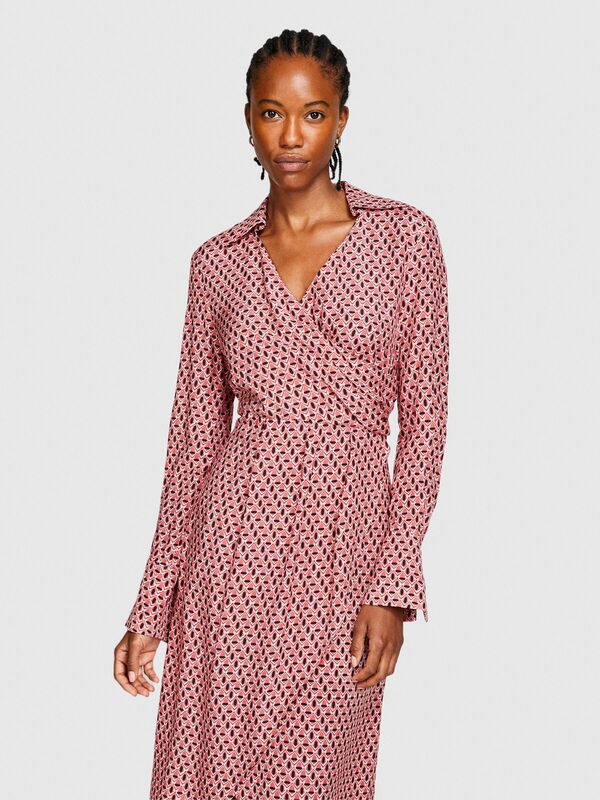 %100 Viskoz Desenli Gömlek V Yaka Anvelop Elbise Kadın Siyah Elbise - 323A4UTSLV049