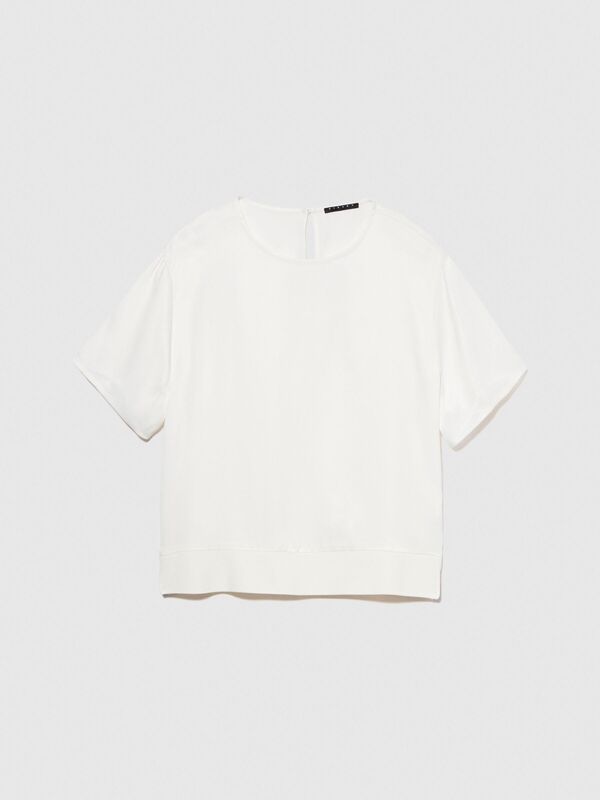 Sisley - %100 Viskoz Etek Ucu Ribanalı Yırtmaçlı Geniş Yaka Bluz Kadın Beyaz Bluz - 324P52BZLQ075