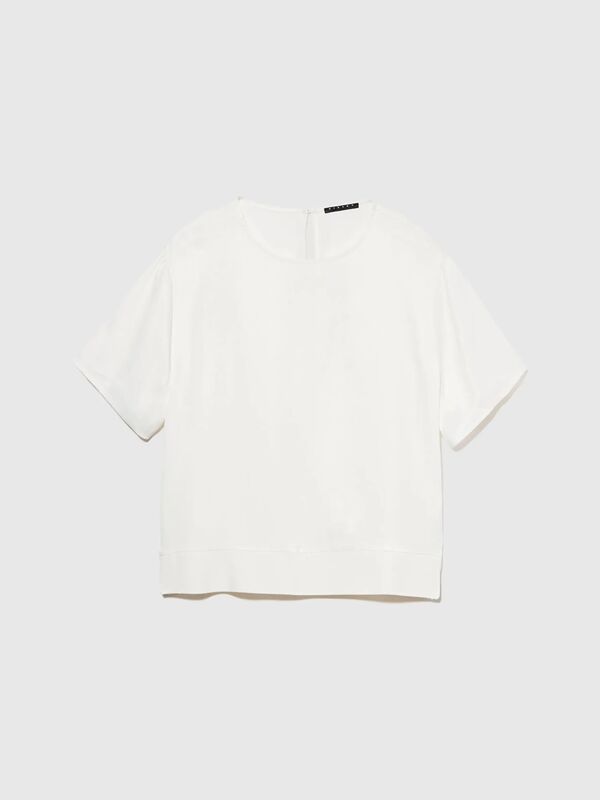 %100 Viskoz Etek Ucu Ribanalı Yırtmaçlı Geniş Yaka Saten Bluz Kadın Krem Bluz - 325P52BZLQ075