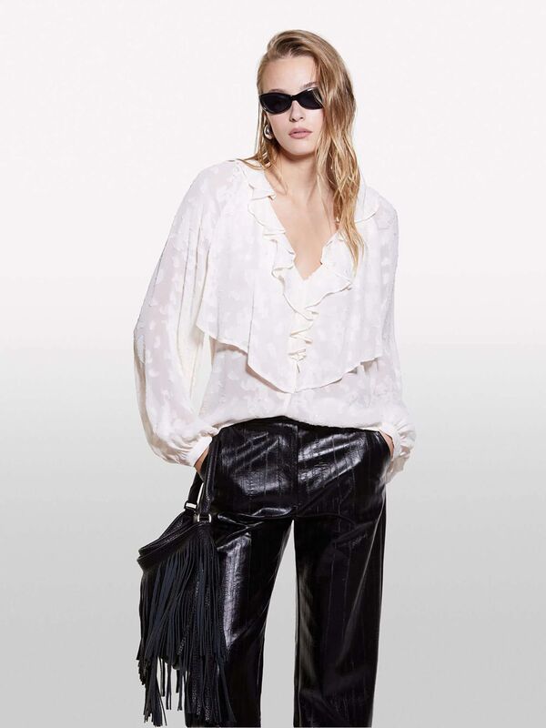 Sisley - %100 Viskoz Fırfır Detaylı Rahat Kesim V Yaka Bluz Kadın Mavi Bluz - 324A5RL8LQ084