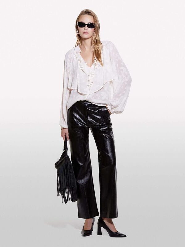 %100 Viskoz Fırfır Detaylı Rahat Kesim V Yaka Bluz Kadın Mavi Bluz - 324A5RL8LQ084