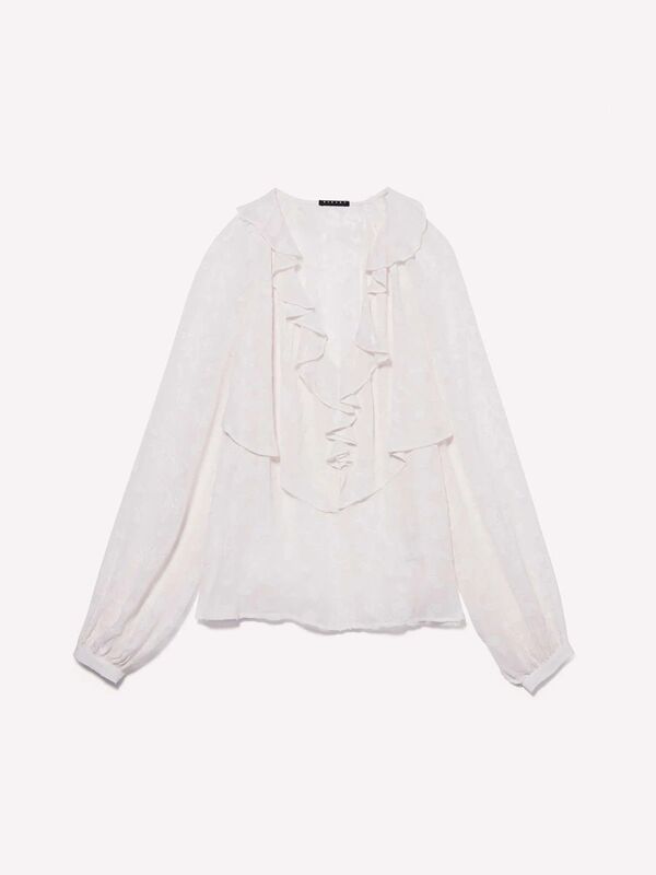 %100 Viskoz Fırfır Detaylı Rahat Kesim V Yaka Bluz Kadın Mavi Bluz - 324A5RL8LQ084