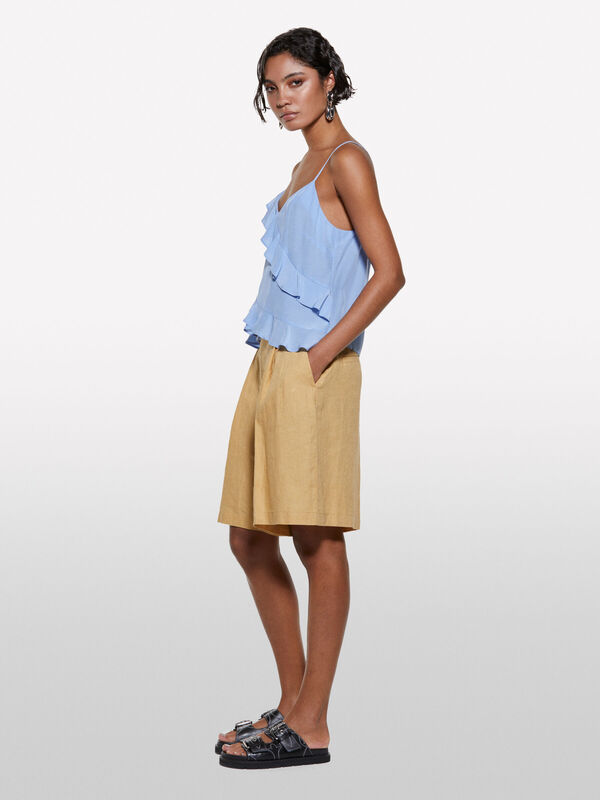 %100 Viskoz Fırfır Detaylı V Yaka Askılı Üst Kadın Mavi Bluz - 325P5LNTLH01J