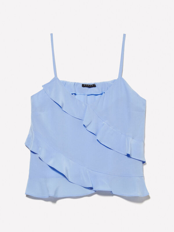 Sisley - %100 Viskoz Fırfır Detaylı V Yaka Askılı Üst Kadın Mavi Bluz - 325P5LNTLH01J