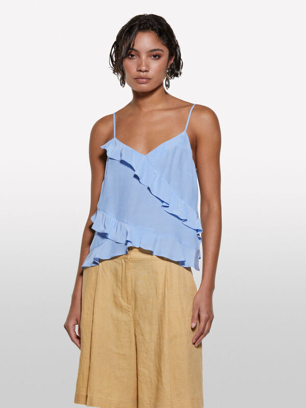 %100 Viskoz Fırfır Detaylı V Yaka Askılı Üst Kadın Mavi Bluz - 325P5LNTLH01J