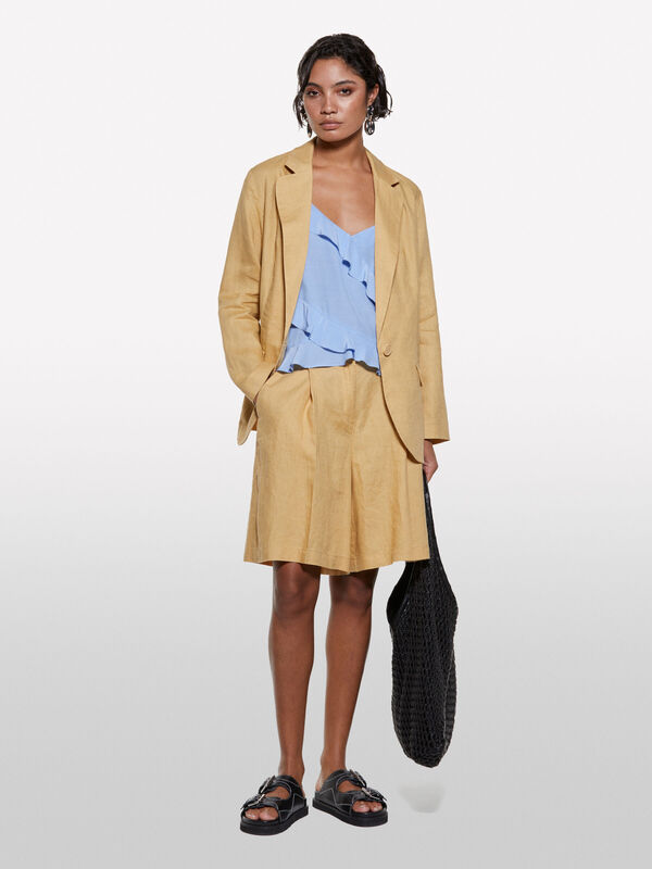 %100 Viskoz Fırfır Detaylı V Yaka Askılı Üst Kadın Mavi Bluz - 325P5LNTLH01J