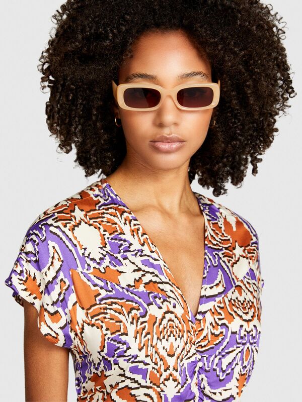 %100 Viskoz Önü Büzgülü V Yaka Kolsuz Saten Elbise Kadın Turuncu Elbise - 323A4H3NLV04D