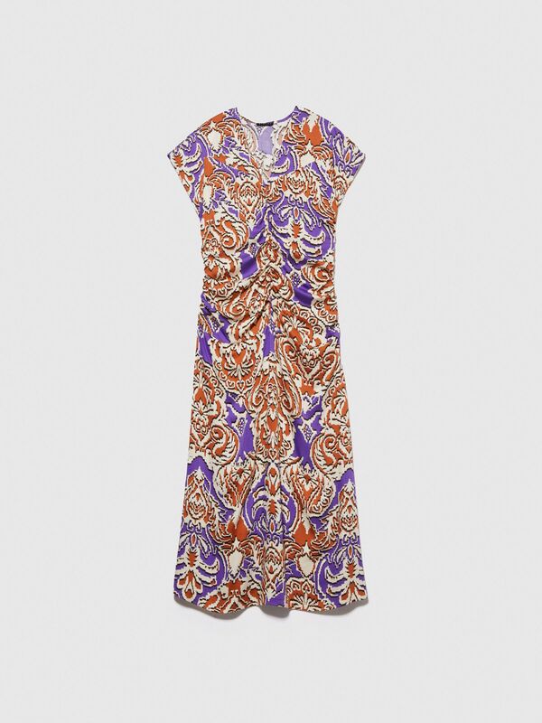 %100 Viskoz Önü Büzgülü V Yaka Kolsuz Saten Elbise Kadın Turuncu Elbise - 323A4H3NLV04D