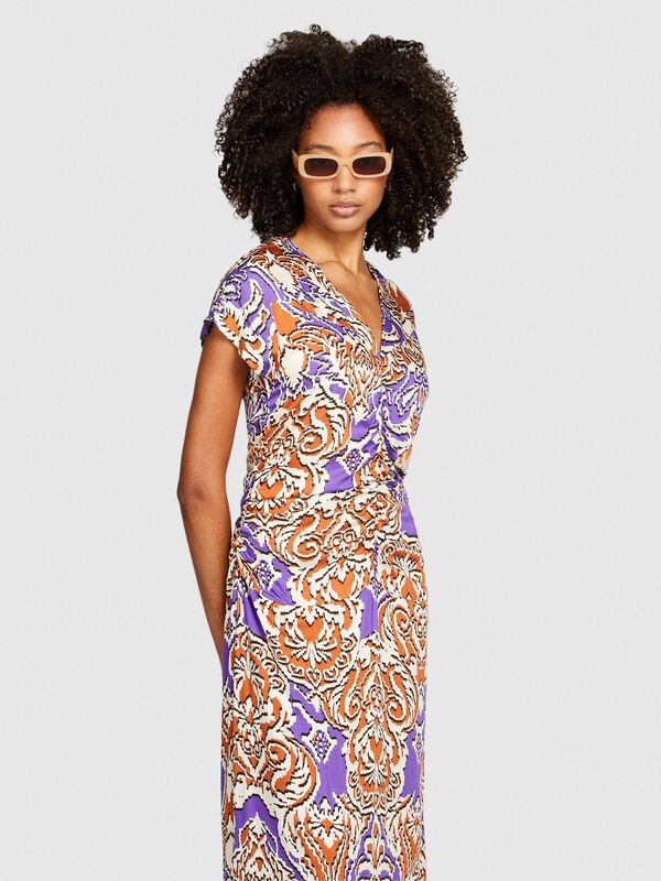 %100 Viskoz Önü Büzgülü V Yaka Kolsuz Saten Elbise Kadın Turuncu Elbise - 323A4H3NLV04D