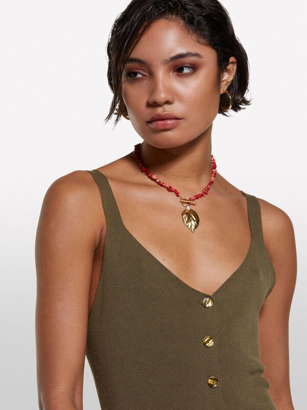 %100 Viskoz Önü Düğmeli V Yaka Slim Fit Bluz Kadın Haki Bluz - 325P1084MH00G