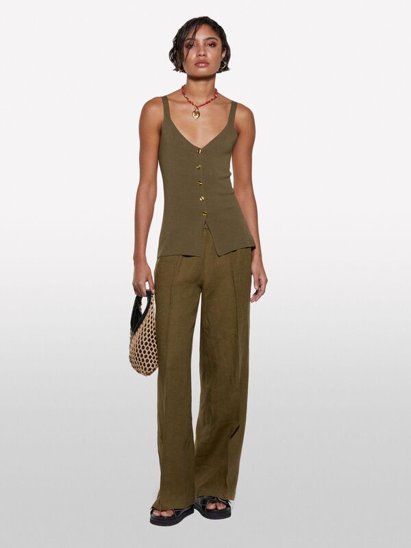 %100 Viskoz Önü Düğmeli V Yaka Slim Fit Bluz Kadın Haki Bluz - 325P1084MH00G