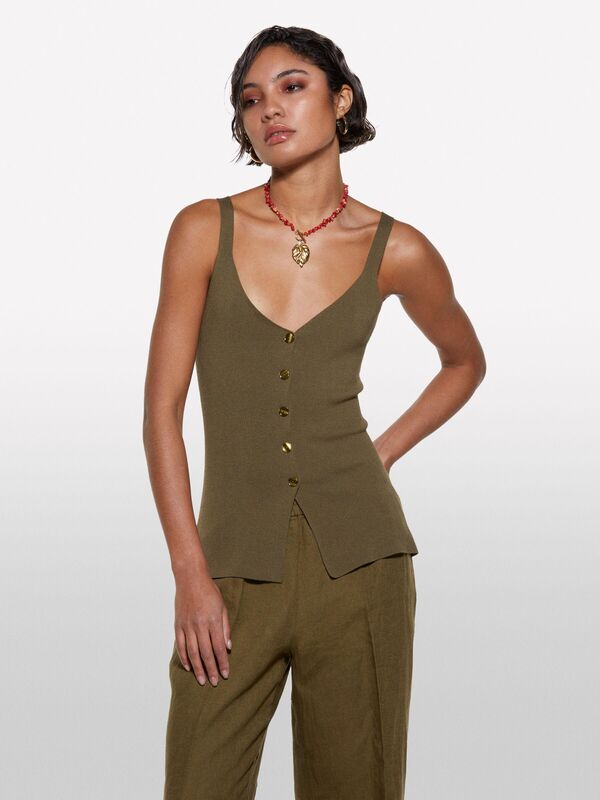 %100 Viskoz Önü Düğmeli V Yaka Slim Fit Bluz Kadın Haki Bluz - 325P1084MH00G