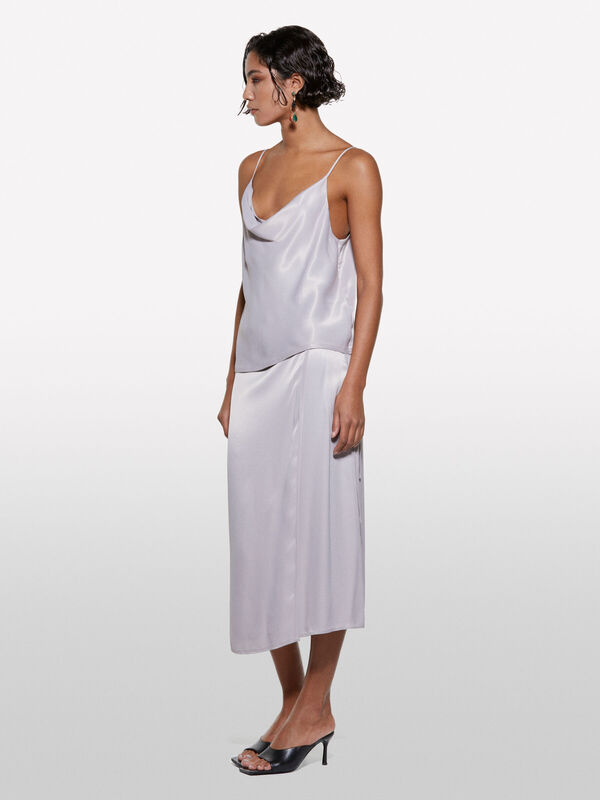 %100 Viskoz Saten Degaje Yaka Askılı Üst Kadın Gri Bluz - 325P52BZLH01N