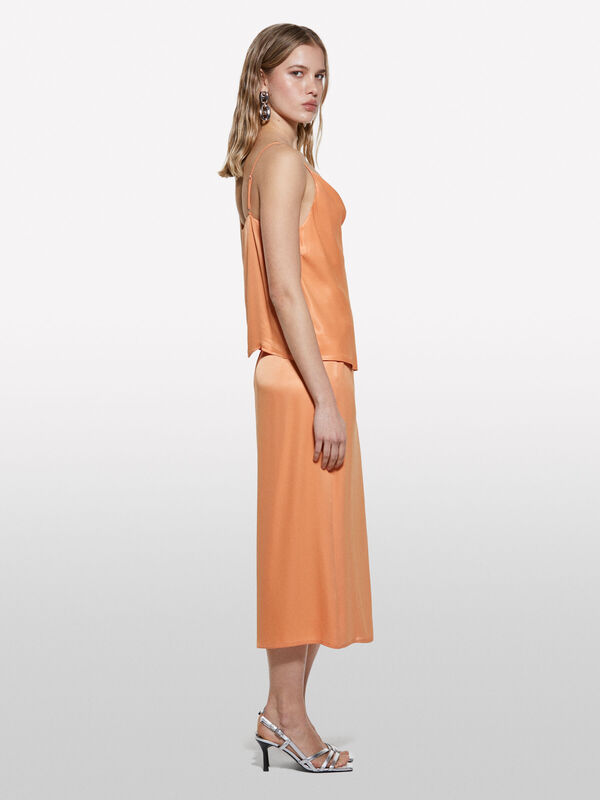 %100 Viskoz Saten Degaje Yaka Askılı Üst Kadın Turuncu Bluz - 325P52BZLH01N