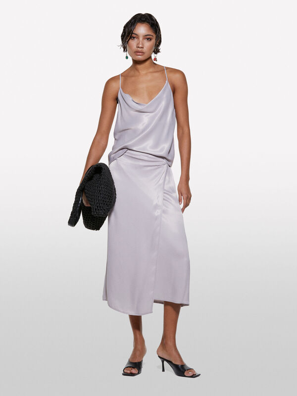 %100 Viskoz Saten Midi Etek Kadın Gri Etek - 325P42BZL002R