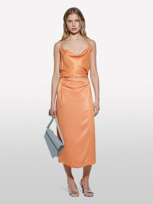 Sisley - %100 Viskoz Saten Midi Etek Kadın Turuncu Etek - 325P42BZL002R