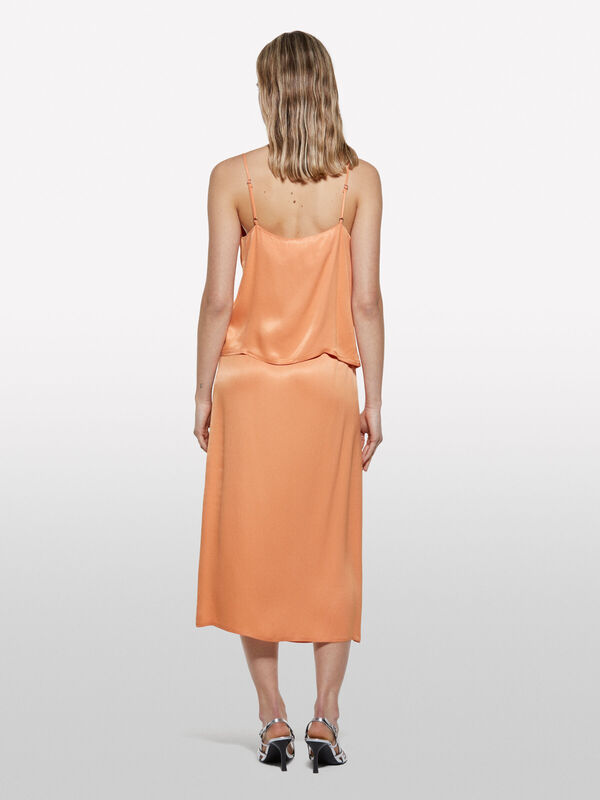 %100 Viskoz Saten Midi Etek Kadın Turuncu Etek - 325P42BZL002R