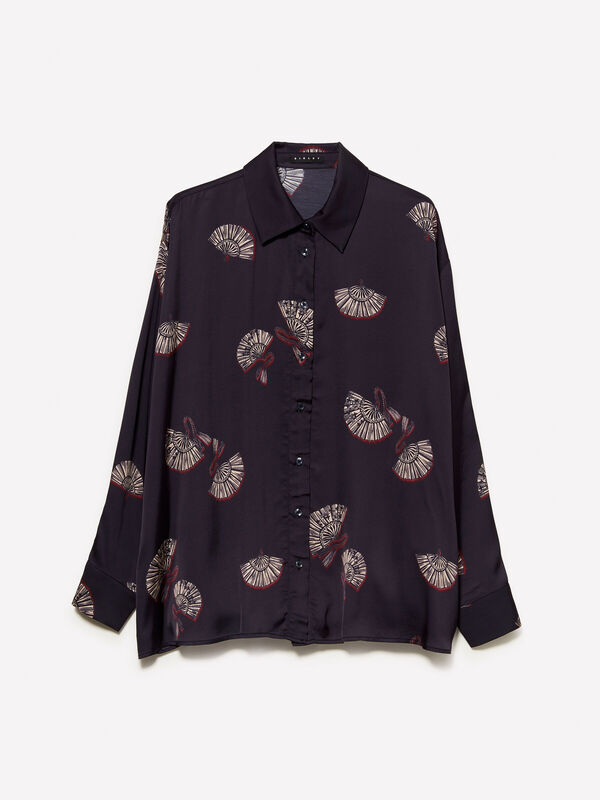 %100 Viskoz Tamamı Desenli Asimetrik Oversize Saten Gömlek Kadın Siyah Gömlek - 325A5IBNLQ07F