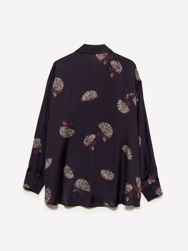 %100 Viskoz Tamamı Desenli Asimetrik Oversize Saten Gömlek Kadın Siyah Gömlek - 325A5IBNLQ07F
