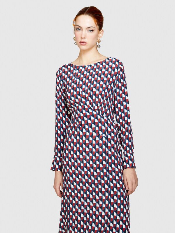 %100 Viskoz Tamamı Desenli Dik Yaka Uzun Kollu Elbise Kadın Mavi Elbise - 324P4UVWLV05F