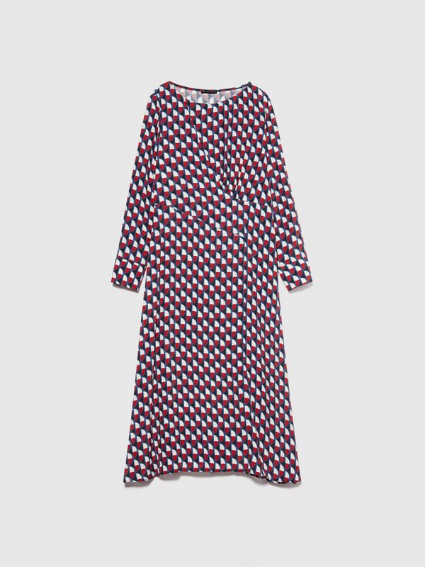 %100 Viskoz Tamamı Desenli Dik Yaka Uzun Kollu Elbise Kadın Mavi Elbise - 324P4UVWLV05F