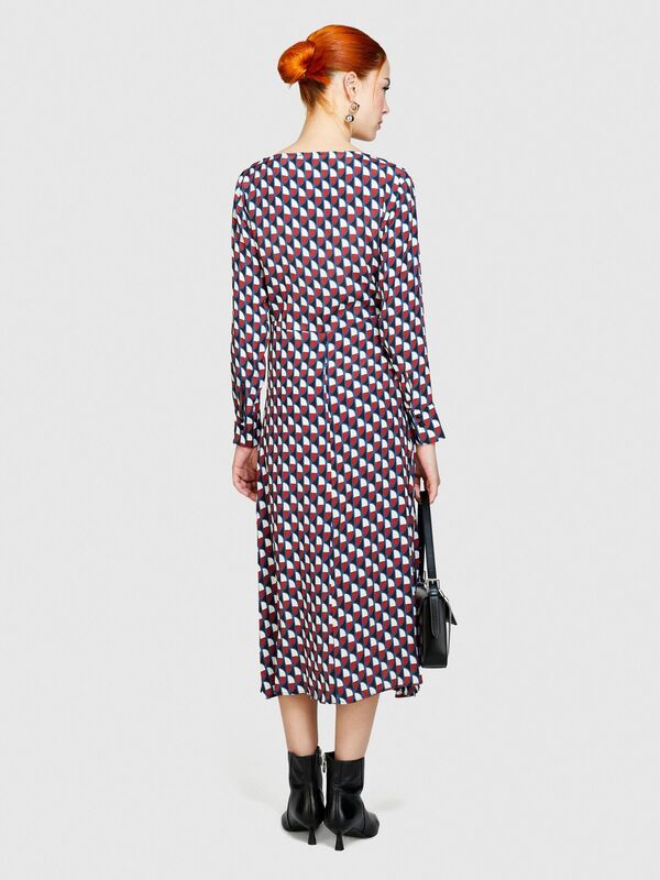 %100 Viskoz Tamamı Desenli Dik Yaka Uzun Kollu Elbise Kadın Mavi Elbise - 324P4UVWLV05F