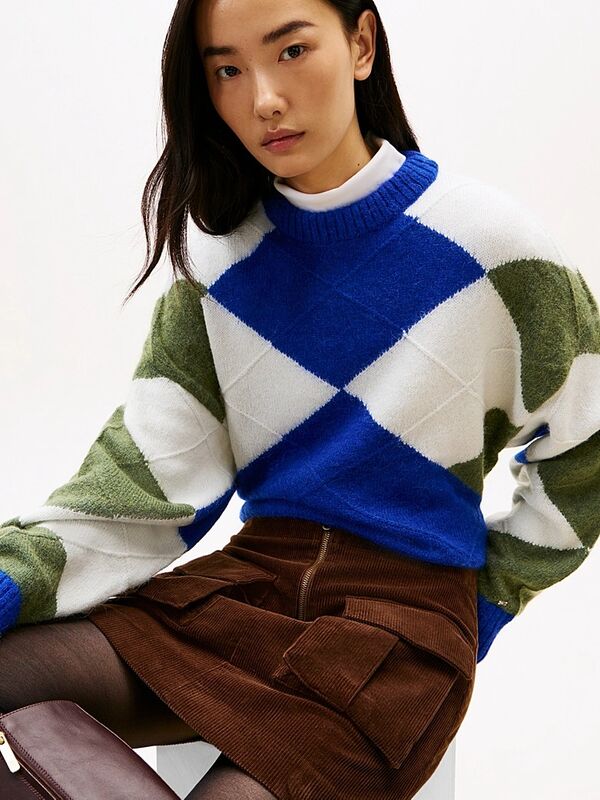 Tommy Hilfiger - ALPACA BLEND ARGYLE C-NK LS SWT Kadın Mavi Kazak - WW0WW47464