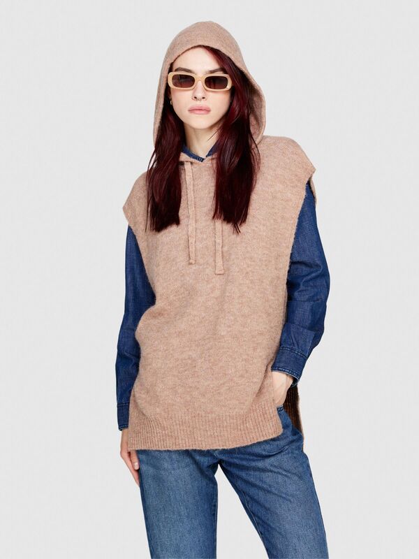 Alpaka Yün Karışımlı Kapüşonlu Kolsuz Kazak Kadın Kahverengi Kazak - 323A103WMU00L