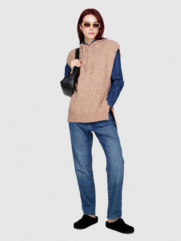 Alpaka Yün Karışımlı Kapüşonlu Kolsuz Kazak Kadın Kahverengi Kazak - 323A103WMU00L