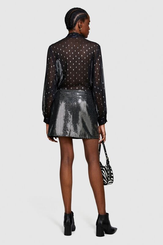 Astarlı Payetli Mini Etek Kadın Siyah T-Shirt - 323A4XJTL001Z