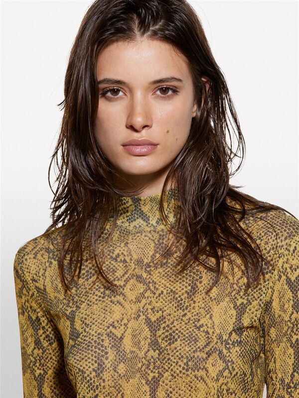 Baskılı Dar Kesim Yüksek Yaka Uzun Kollu T-Shirt Kadın Sarı Baskılı T-Shirt - 324A34GGL200R