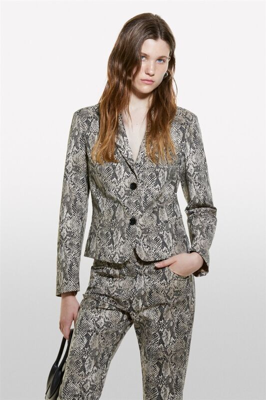 Biyeli Cepli Düğmeli Dar Kesim Klapa Yaka Ceket Kadın Gri Desenli Ceket - 324A2ZJSLW02E