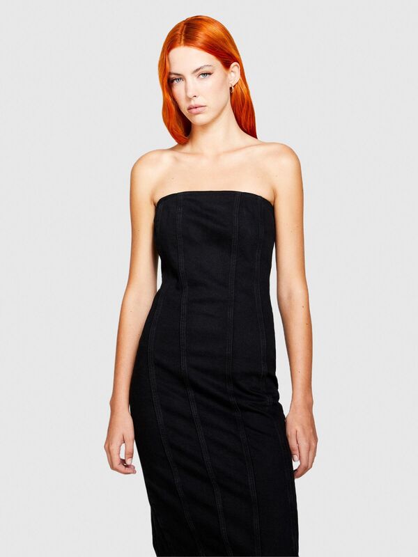 Bodycon Çizgili Denim Elbise Kadın Koyu Lacivert Elbise - 323A4FRTLV05B