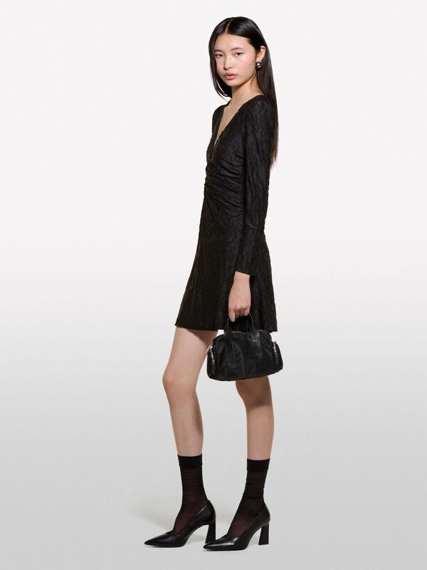 Büzgü Detaylı Uzun Kollu Derin V Yaka Mini Elbise Kadın Siyah Elbise - 324A4TY3LV06N