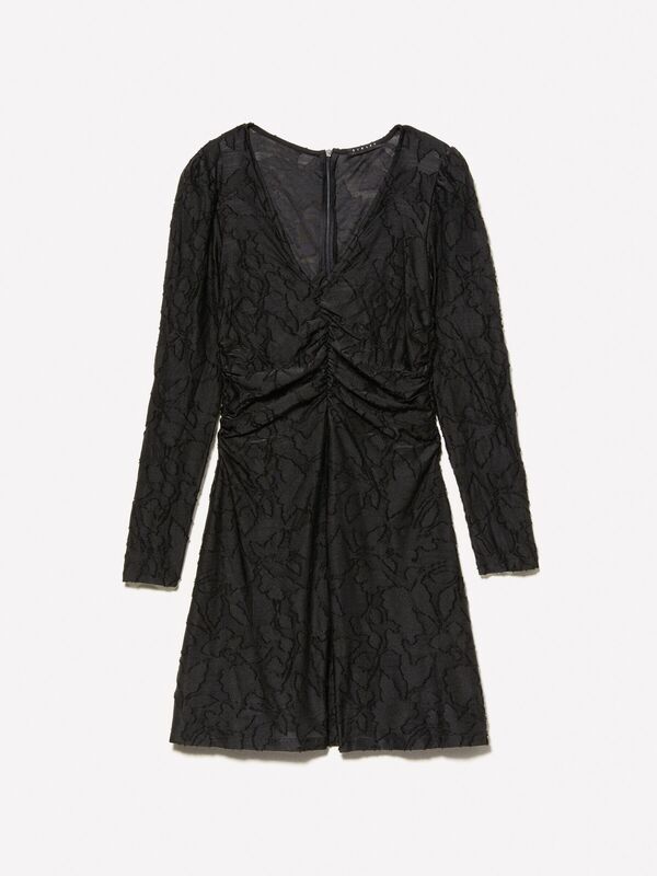 Büzgü Detaylı Uzun Kollu Derin V Yaka Mini Elbise Kadın Siyah Elbise - 324A4TY3LV06N