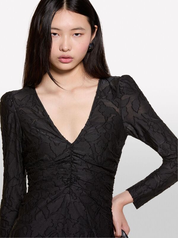 Büzgü Detaylı Uzun Kollu Derin V Yaka Mini Elbise Kadın Siyah Elbise - 324A4TY3LV06N