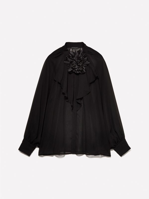 Çiçek Detaylı Önü Fırfırlı Balon Kol Şifon Gömlek Kadın Siyah Gömlek - 324A5W9ELQ081