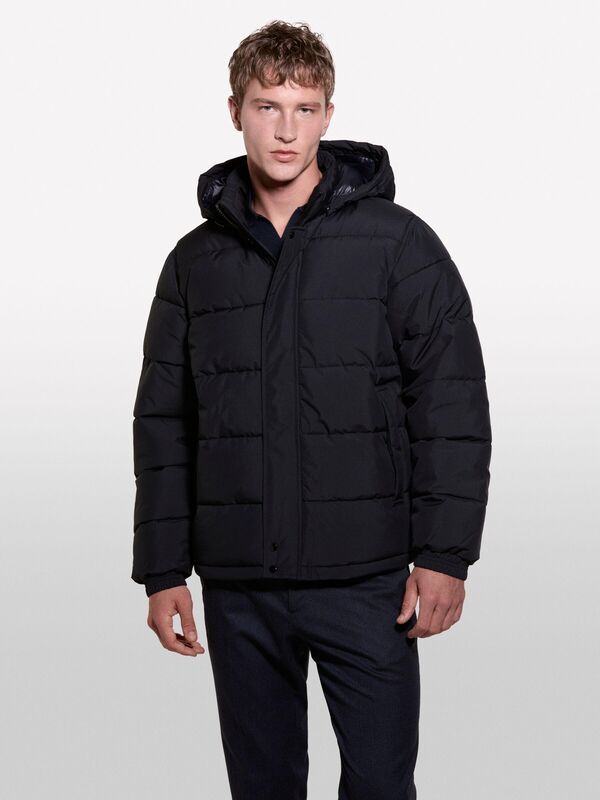 Çıkarılabilir Kapüşonlu Cepli Gizli Fermuarlı Şişme Mont Erkek Siyah Mont - 324A2WYCSN03M