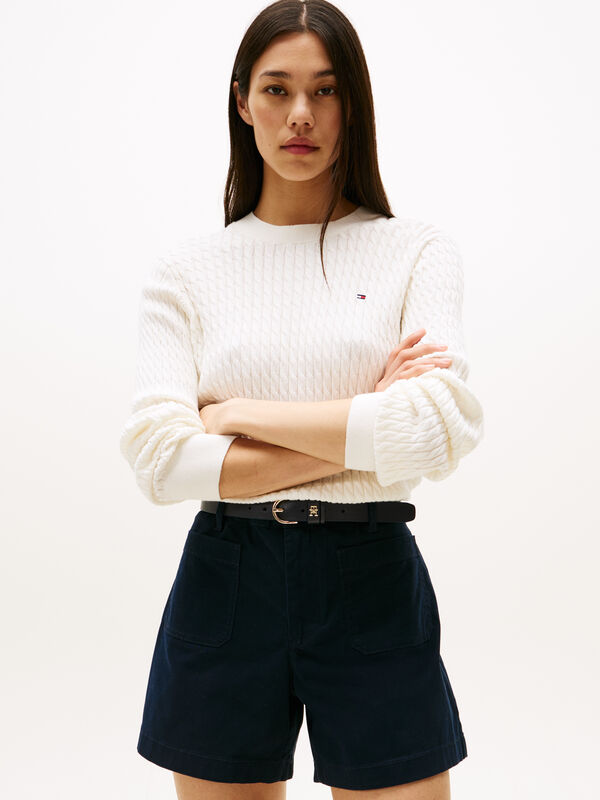 Tommy Hilfiger - CO CABLE C-NK LS SWEATER Kadın Beyaz Kazak - WW0WW44993