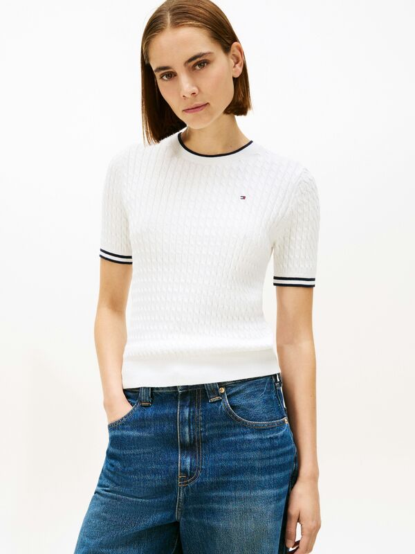 Tommy Hilfiger - CO CABLE C-NK SS SWT Kadın Beyaz Kazak - WW0WW41787