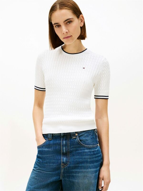 Tommy Hilfiger - CO CABLE C-NK SS SWT Kadın Beyaz Kazak - WW0WW41787