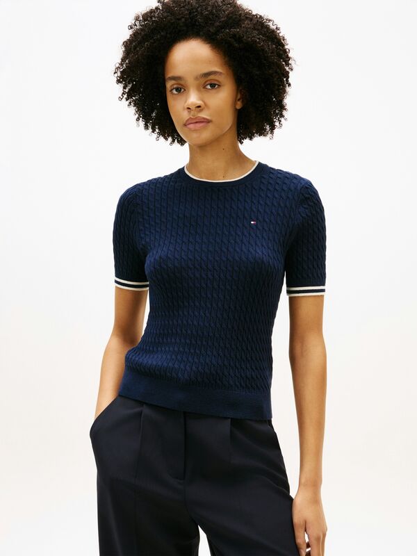 Tommy Hilfiger - CO CABLE C-NK SS SWT Kadın Mavi Kazak - WW0WW41787