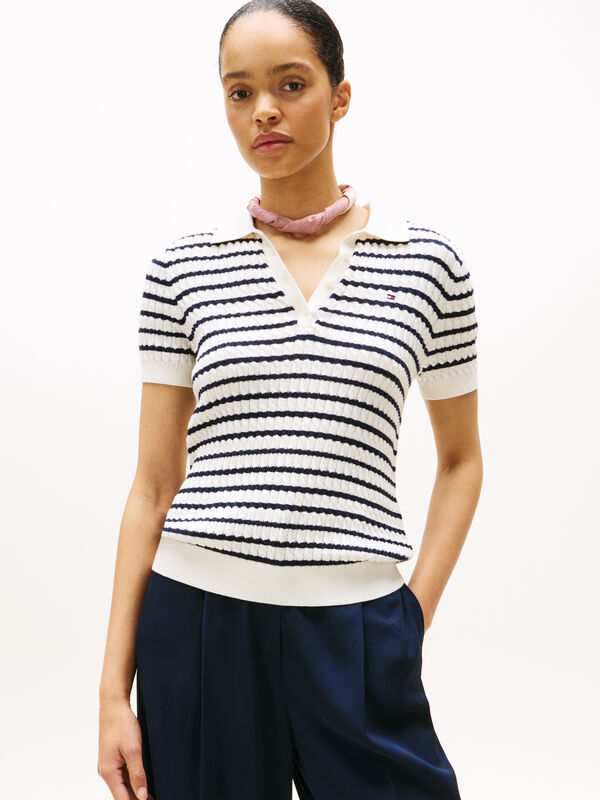 Tommy Hilfiger - CO CABLE FINE GG POLO S/S SWT Kadın Beyaz Kazak - WW0WW41474