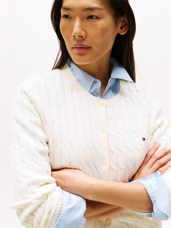 Tommy Hilfiger - CO CABLE MID GG C-NK LS CARDI Kadın Beyaz Hırka - WW0WW46514