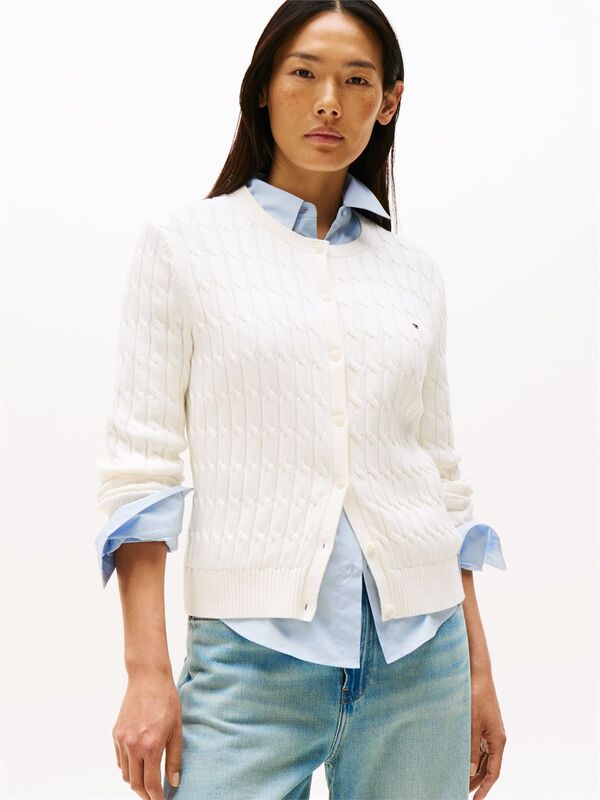 Tommy Hilfiger - CO CABLE MID GG C-NK LS CARDI Kadın Beyaz Hırka - WW0WW46514