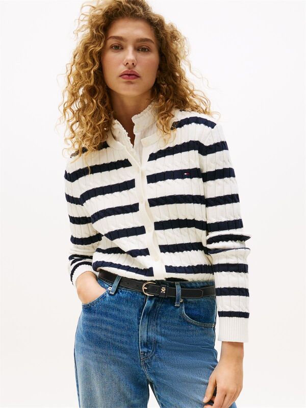 Tommy Hilfiger - CO CABLE MID GG C-NK LS CARDI Kadın Beyaz Hırka - WW0WW46514