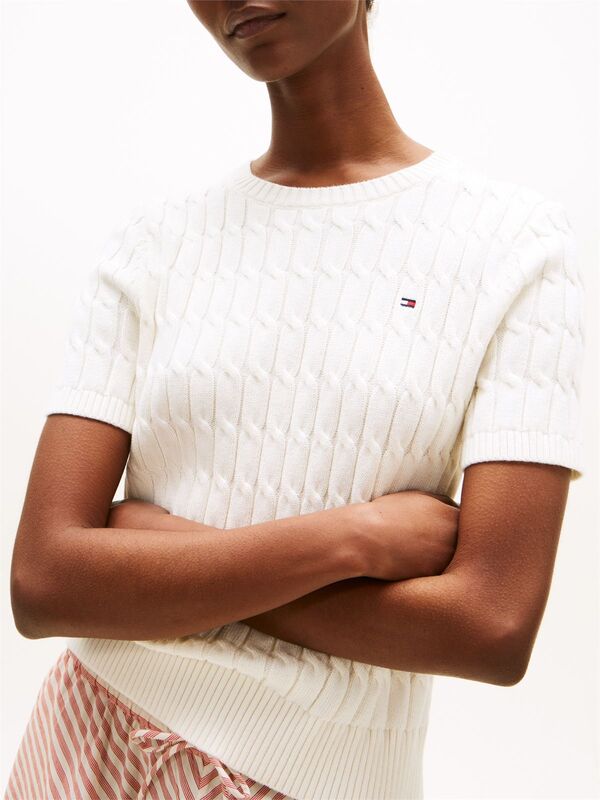 Tommy Hilfiger - CO CABLE MID GG S/S C-NK SWT Kadın Beyaz Kazak - WW0WW45656