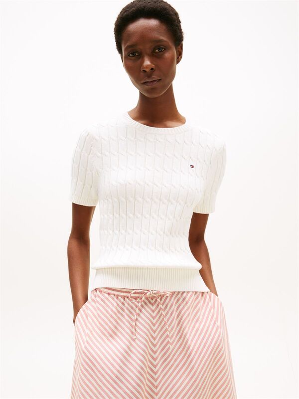 Tommy Hilfiger - CO CABLE MID GG S/S C-NK SWT Kadın Beyaz Kazak - WW0WW45656