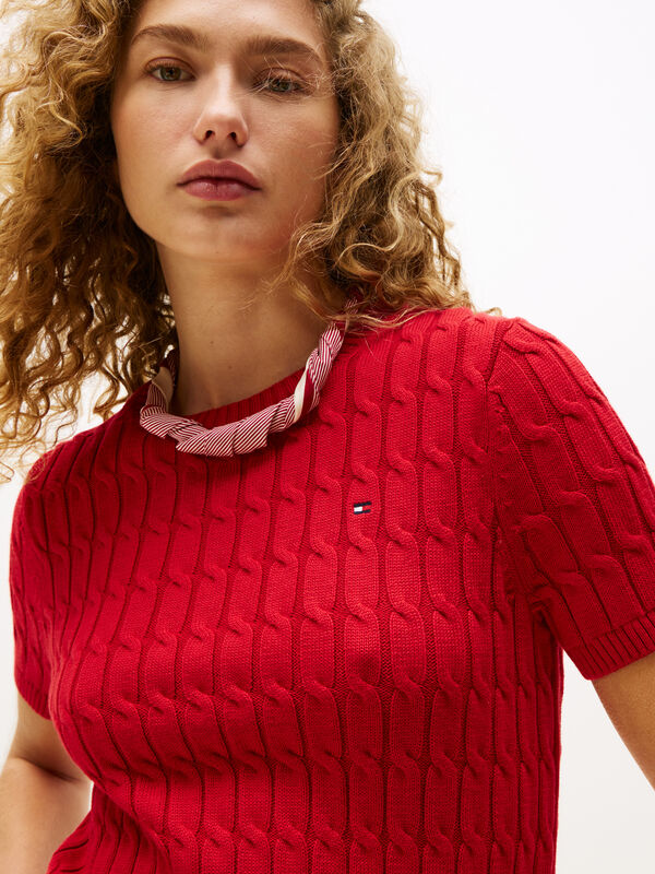 Tommy Hilfiger - CO CABLE MID GG S/S C-NK SWT Kadın Kırmızı Kazak - WW0WW45656